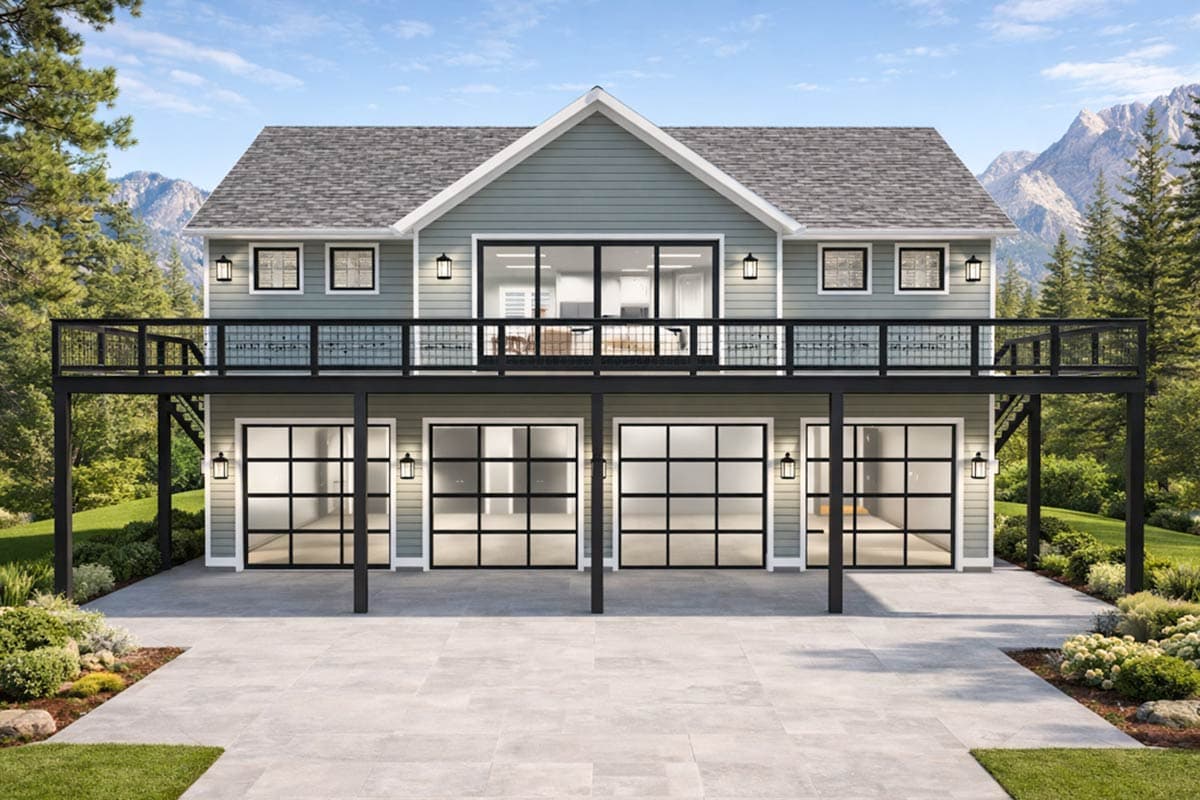 House plan exterior with two stories, gabled roof, and glass garage doors. Features a balcony with black railing and multiple exterior light fixtures.