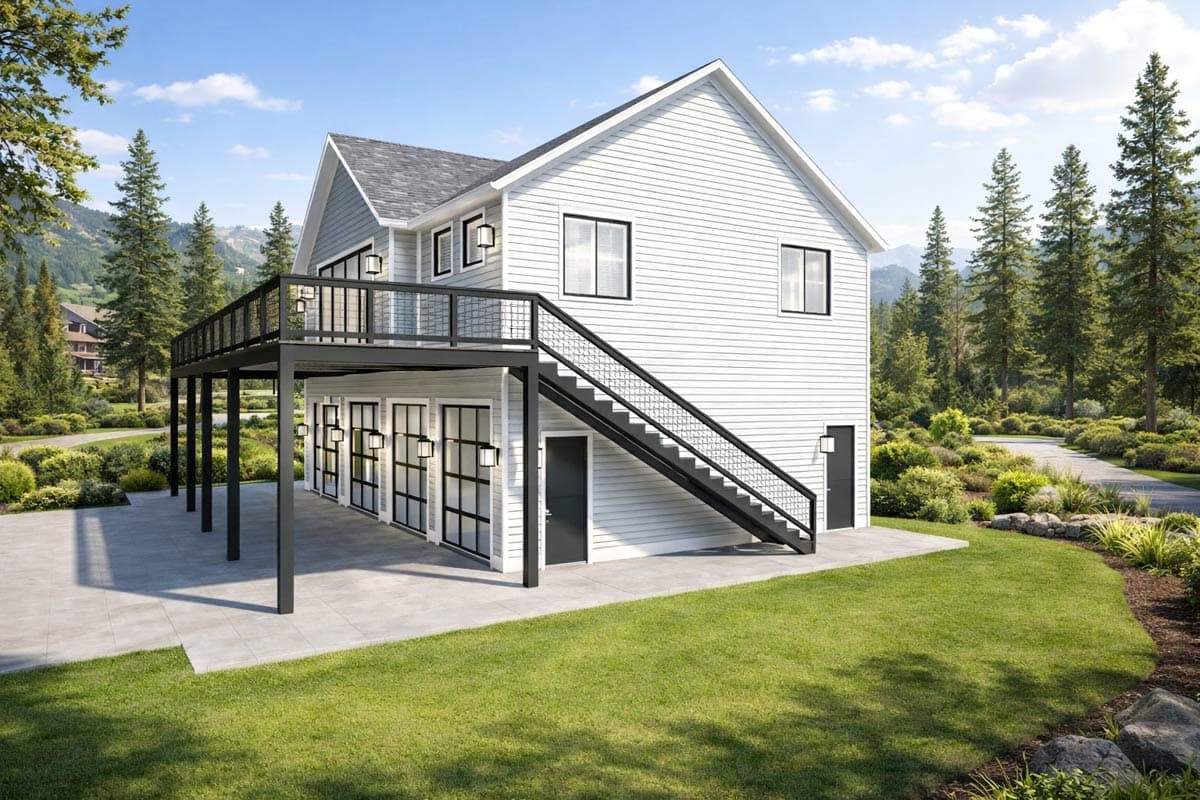 Modern Farmhouse style house plan exterior with two stories, a covered deck, large windows on the lower level, and an external staircase.