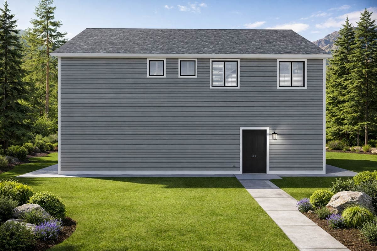 House plan exterior: Two-story dwelling with gray horizontal siding, asphalt shingle roof, three upper windows, and a central black front door.
