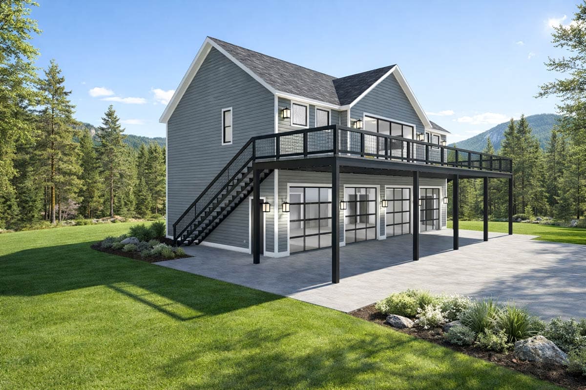 Modern Farmhouse house plan exterior with three garage doors, a covered patio, and a second-story deck with black railing.