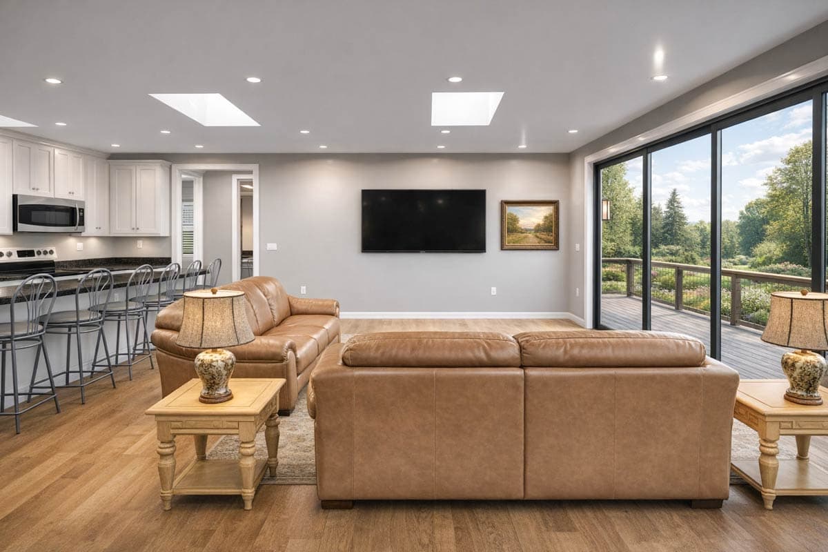 Open-concept living room with kitchen island, seating for four, two leather sofas, and large sliding glass doors opening to a deck.