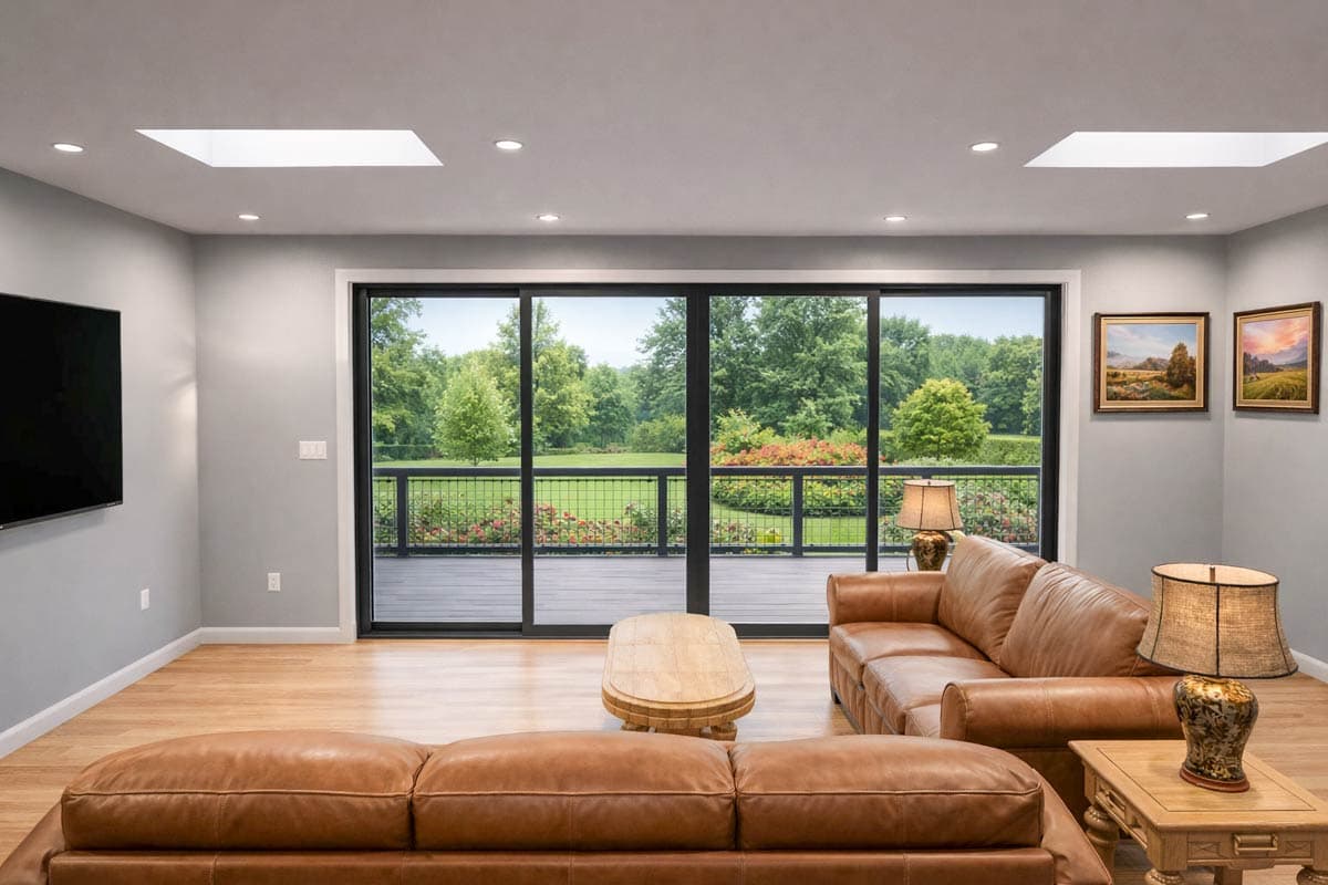 Living room with sectional sofa, large sliding glass doors to deck, two skylights, and recessed ceiling lights.