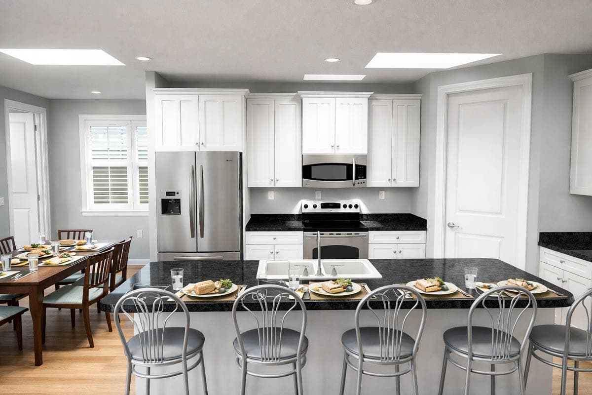 Kitchen and dining area with white cabinets, stainless steel appliances, granite countertops, island with seating, and wood dining table.