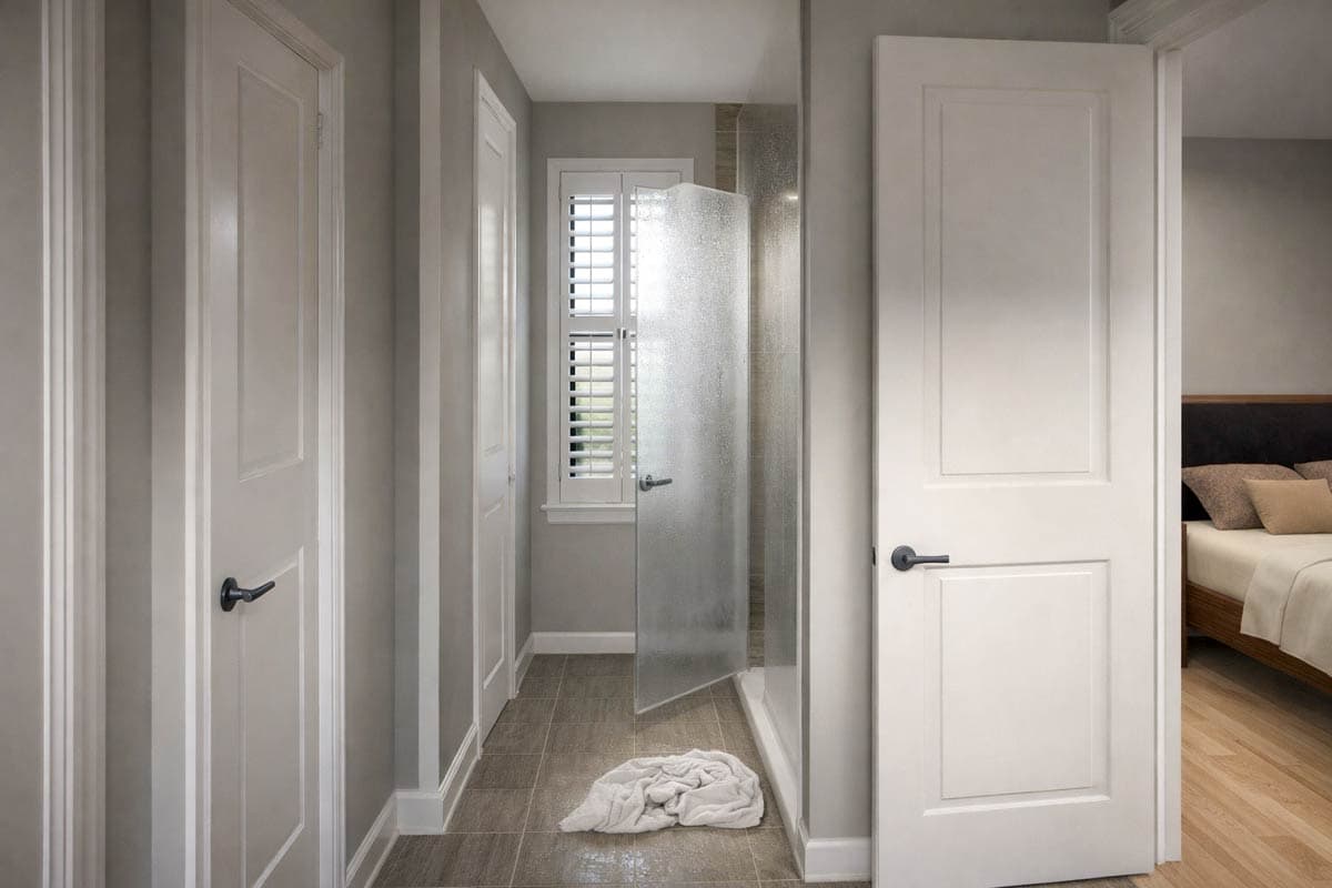 Interior view of a bathroom with a frosted glass shower door, tiled floor, and white paneled doors. A bed is visible through an open doorway.
