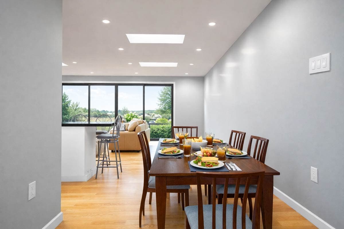 Dining area with table set for six. Open layout connects to kitchen with bar seating and living area with large windows.