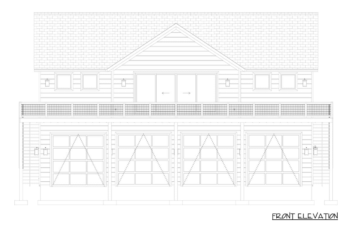Front elevation drawing of a two-story house plan with a prominent gable, four garage doors, a balcony with railings, and shingle roofing.