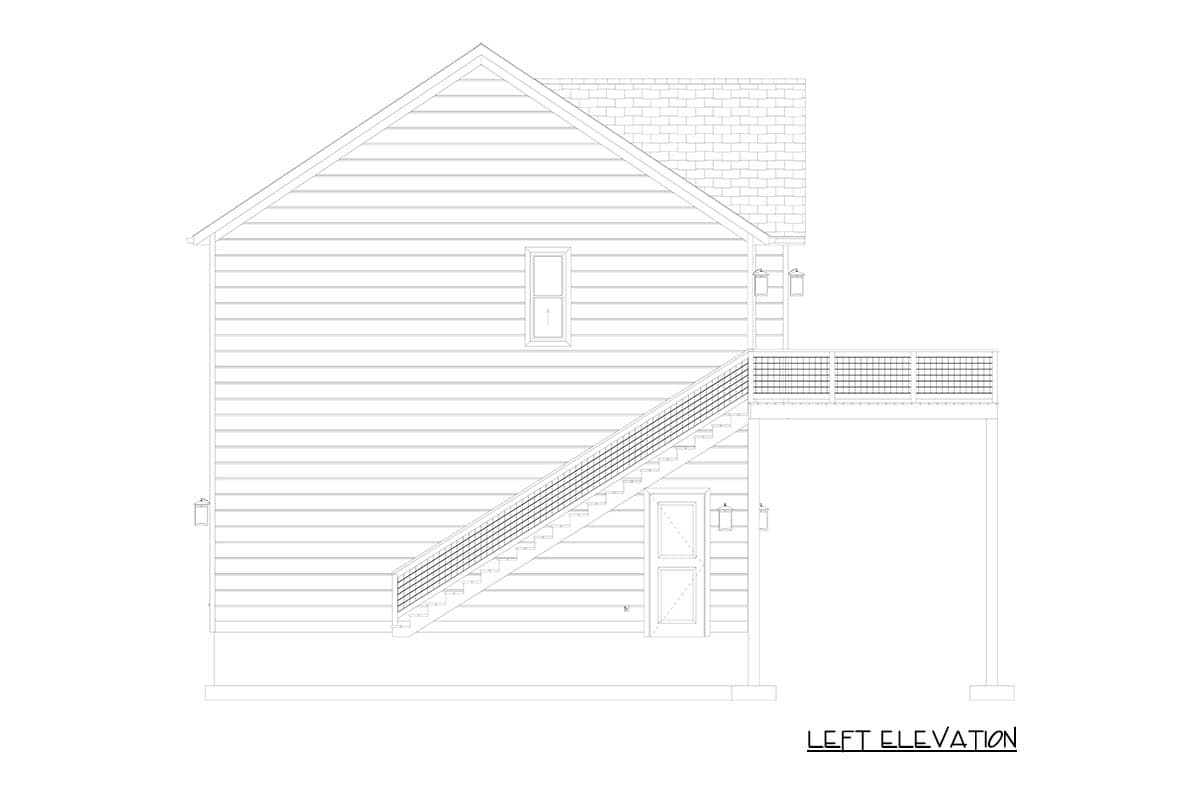 Left elevation house plan showing horizontal siding, a gabled roof, a steep stair with railing, a deck, and a door.