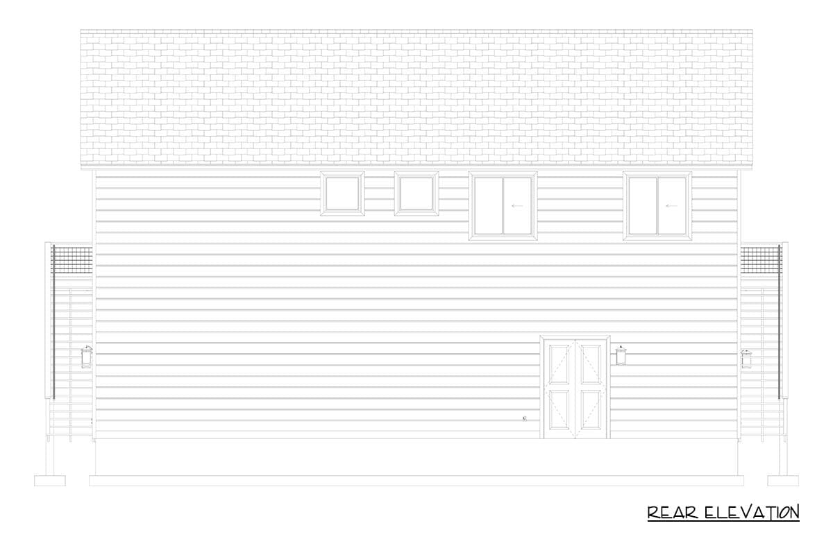 Rear elevation drawing of a house plan with horizontal siding, shingled roof, double doors, and multiple windows.