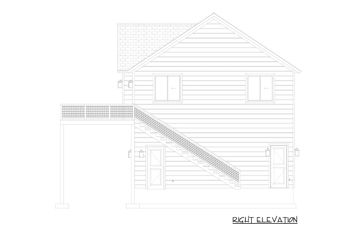 Right elevation of a house plan showing a gable roof, two stories, exterior siding, two doors, windows, a deck with railing, and a staircase.
