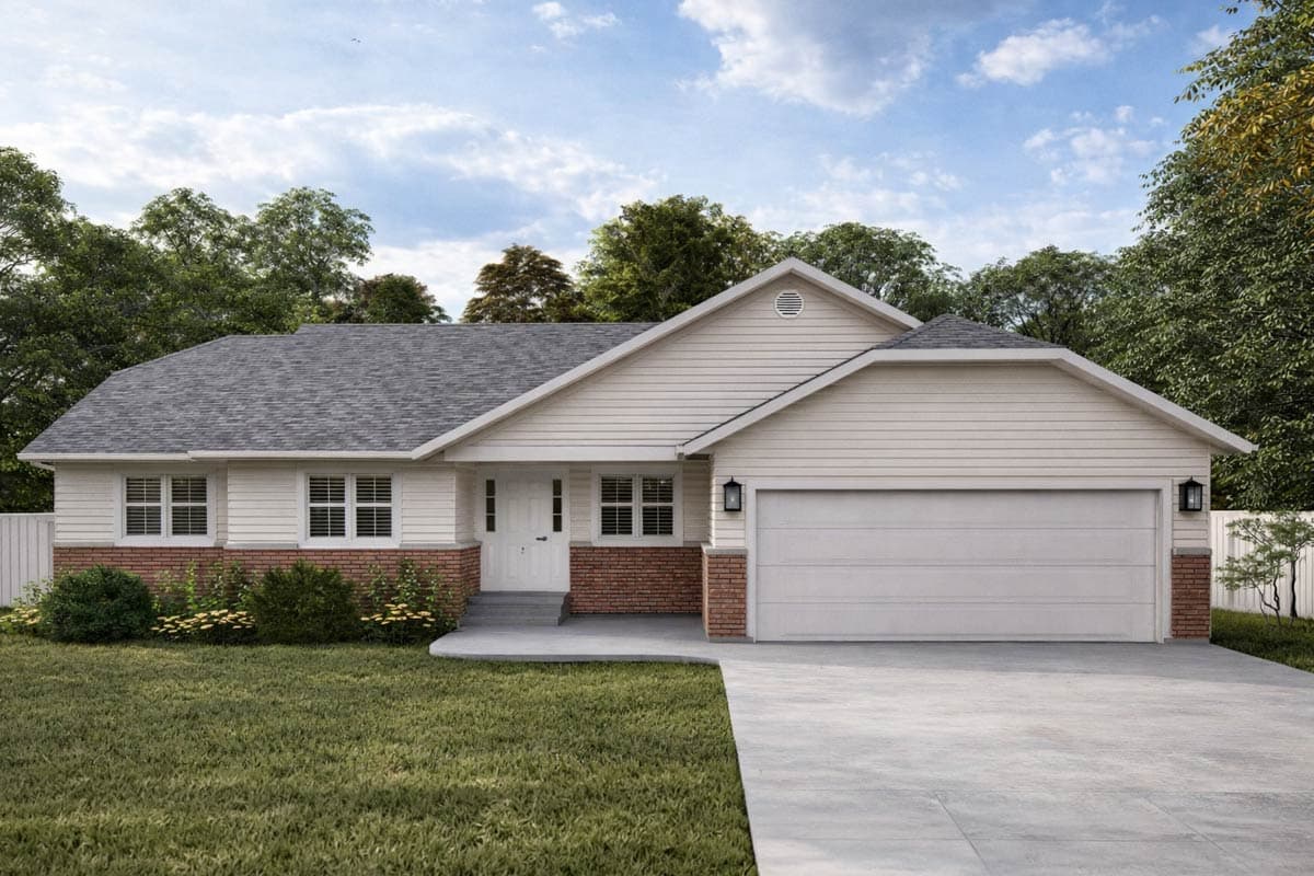 House plan exterior. Single-story Ranch-style home with a gabled roof, brick accents, and attached garage. Includes two windows and a front door.