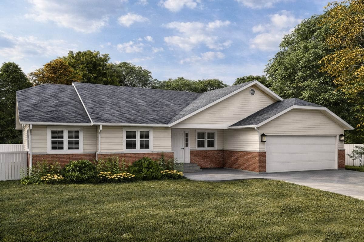 House plan exterior featuring a Ranch style, single story, with a brick facade. Includes a two-car garage, multiple gables, and a traditional roofline.