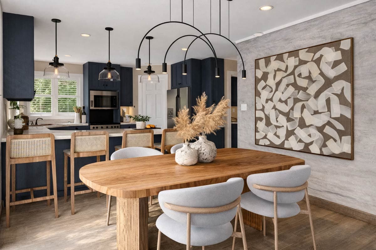 Dining room and kitchen interior. Features include a wooden dining table, light gray chairs, a kitchen island with bar stools, and pendant lighting.