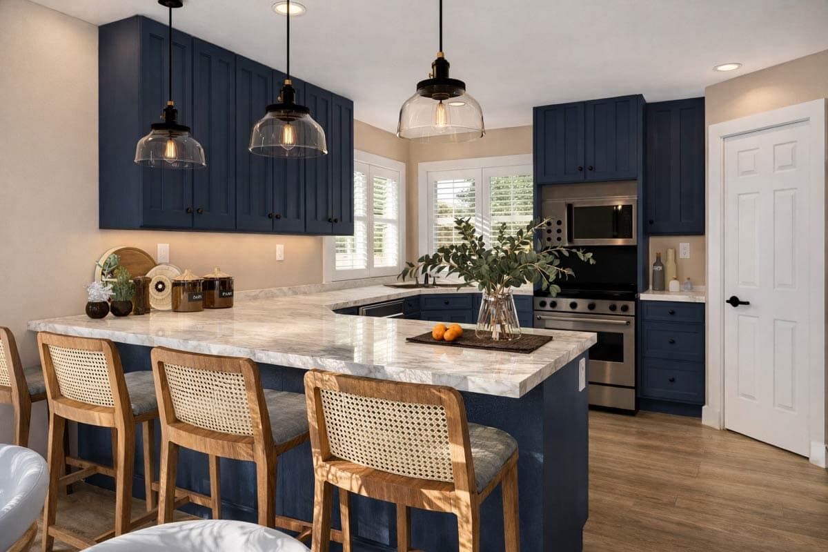 Kitchen rendering with island, pendant lighting, and dark blue cabinetry. Features include a stainless steel oven and light-colored countertops.