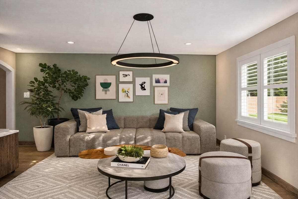 Living room with sofa, coffee table, and area rug. Features a circular light fixture and framed artwork. Shutters on window.