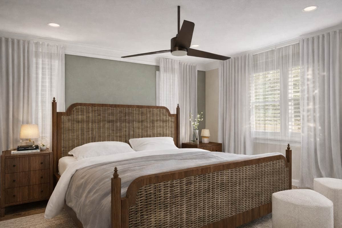 Bedroom rendering with woven headboard, ceiling fan, and large windows with curtains. Features include two nightstands and two small ottomans.