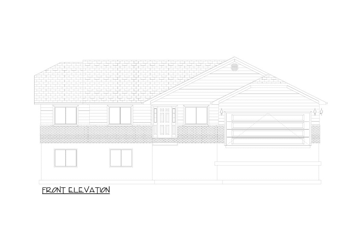 House plan exterior front elevation. Features a two-story design with gabled roofline, brick facade, and attached garage.