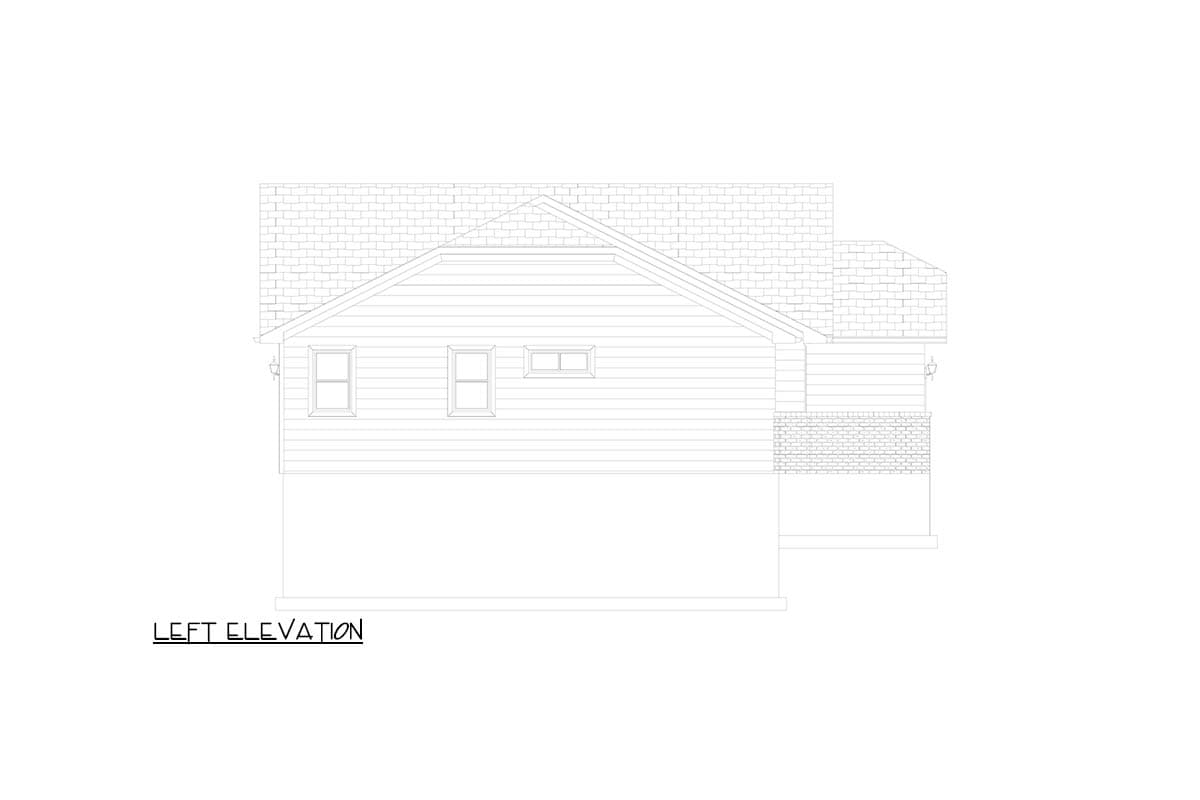 House plan left elevation. Gable roof, horizontal siding, and brick facade on the foundation are visible.