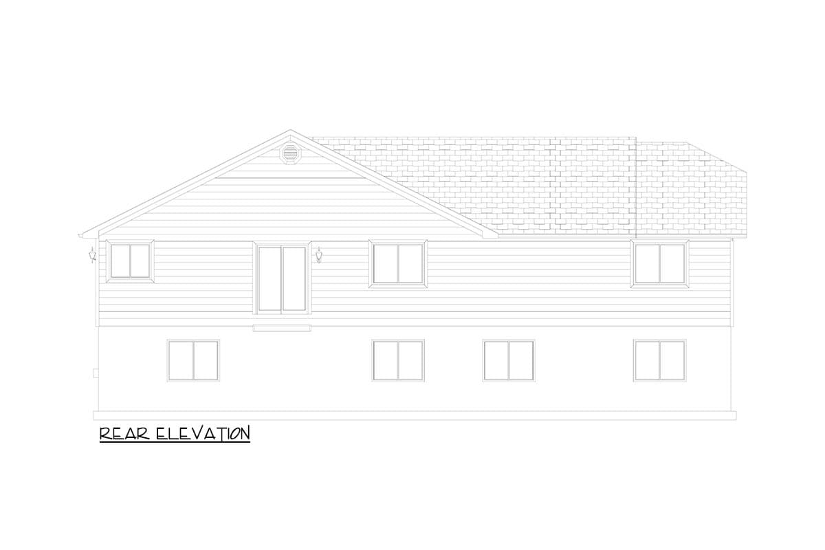 House plan rear elevation. Features include a gabled roof, horizontal siding, and multiple windows across two stories.