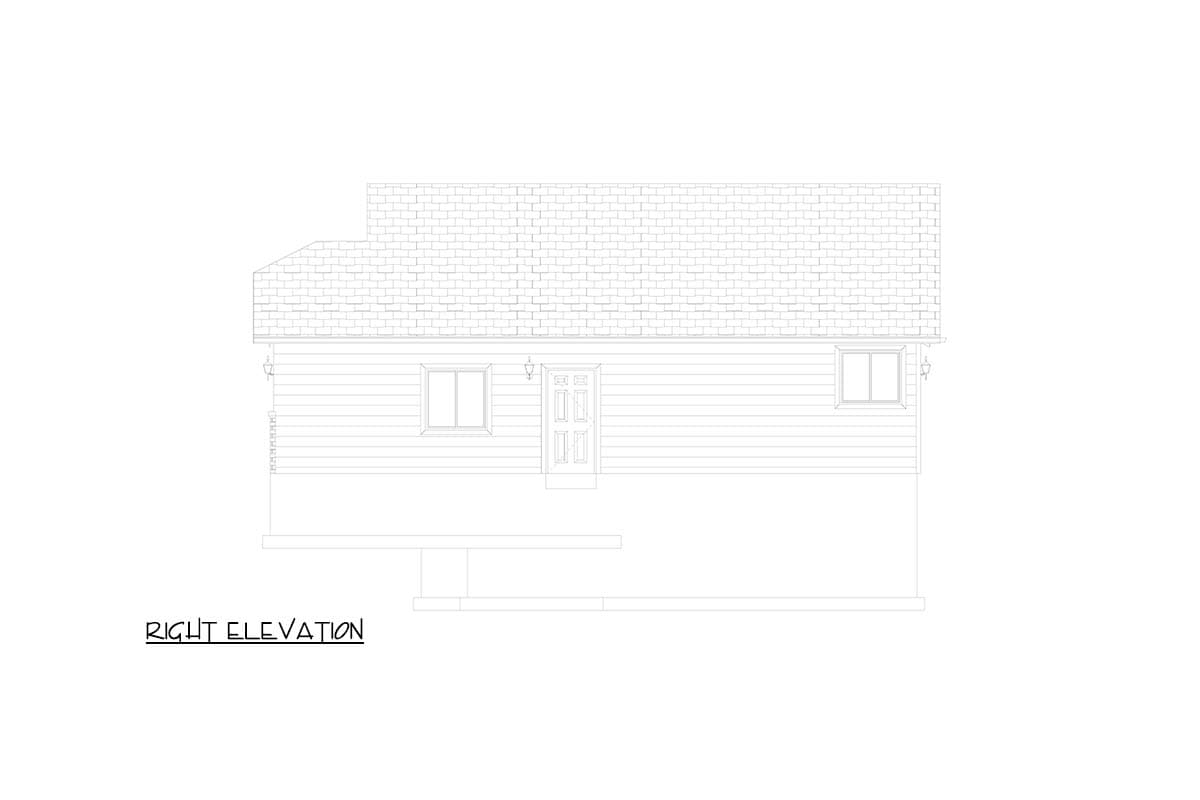 Right elevation drawing of a house plan. Features include a shingled roof, a front door, and two windows. Exterior siding is visible.