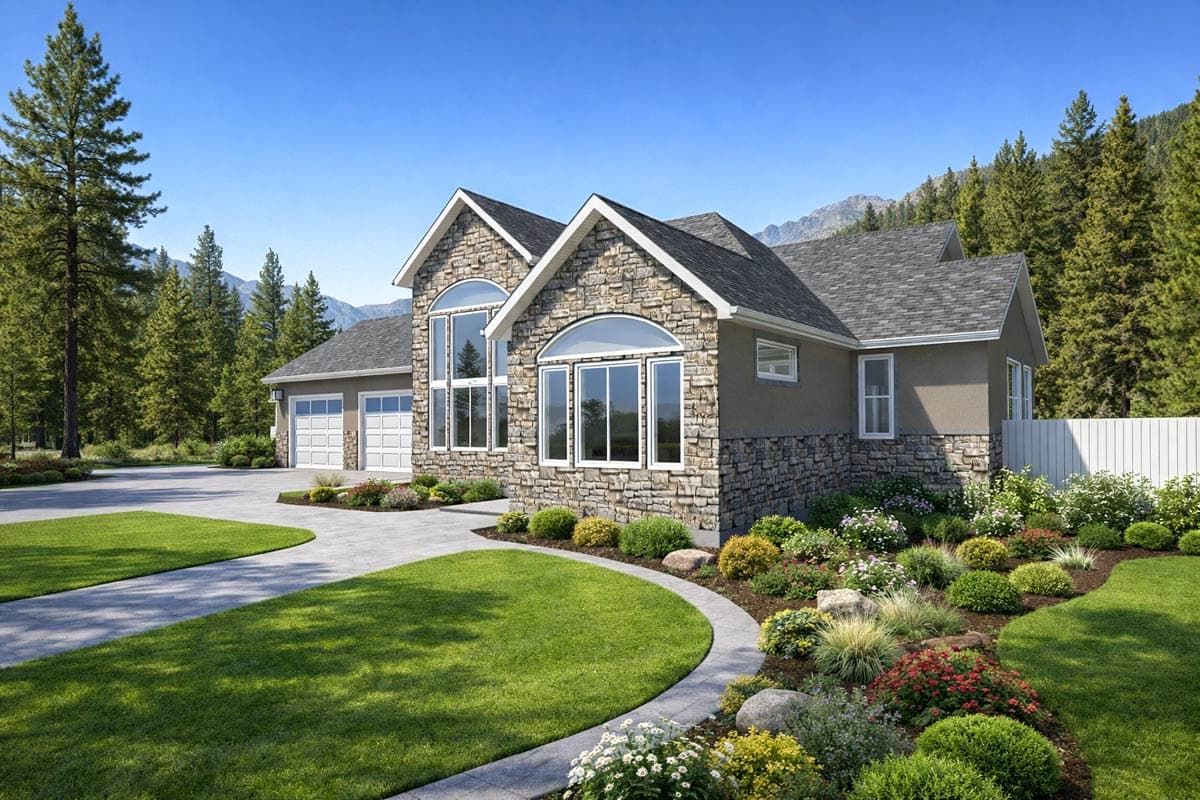 House plan exterior: Two-story home with stone facade, arched windows, gable rooflines, and a three-car garage.