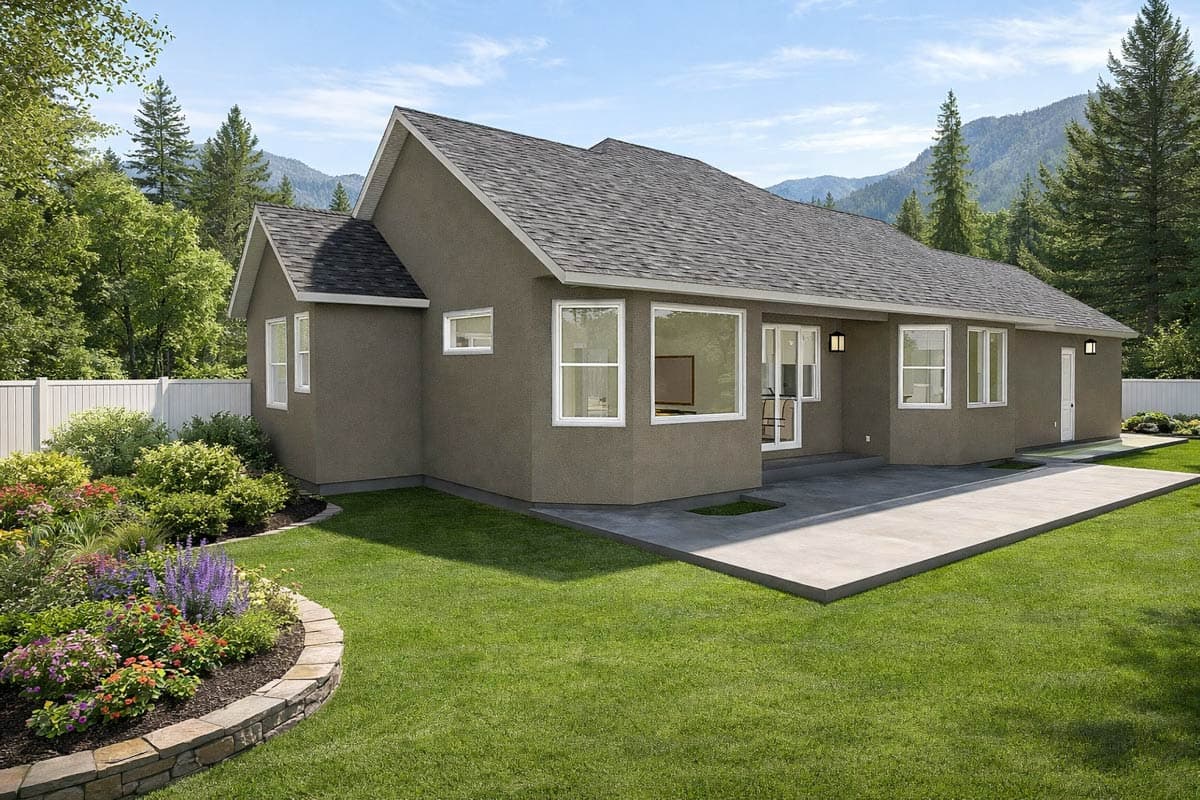 House plan exterior: single-story stucco residence with multiple gables, large windows, and patio.