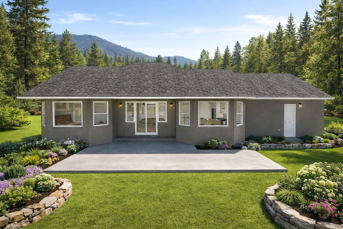 Ranch style house plan exterior with a wide patio, numerous windows, and a single-story layout.