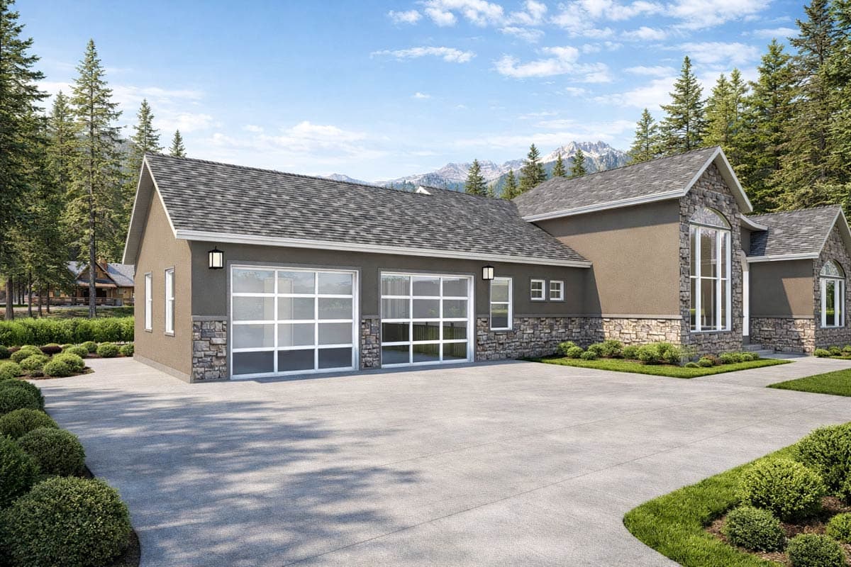 House plan exterior: One-story modern home with a 3-car garage, stone accents, and large arched windows.