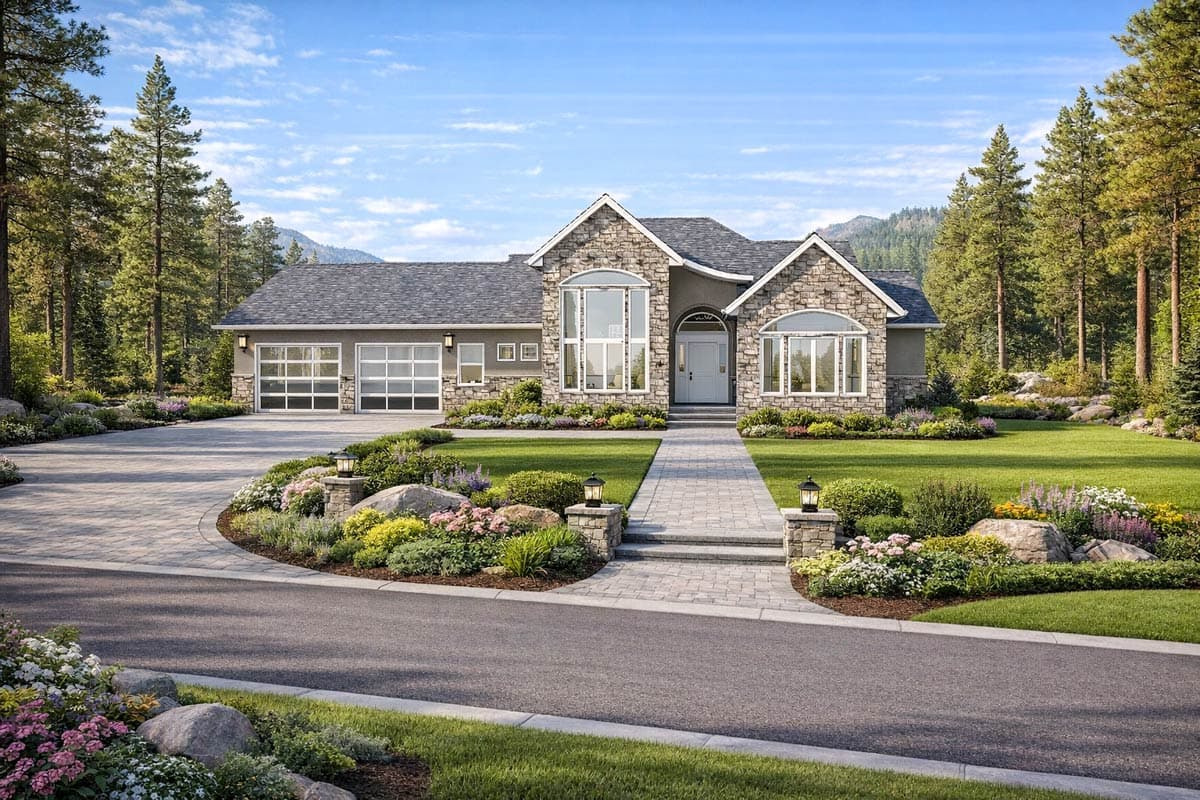 House plan exterior: Two-story Modern Farmhouse with stone accents, arched entryway, large windows, and glass garage doors.