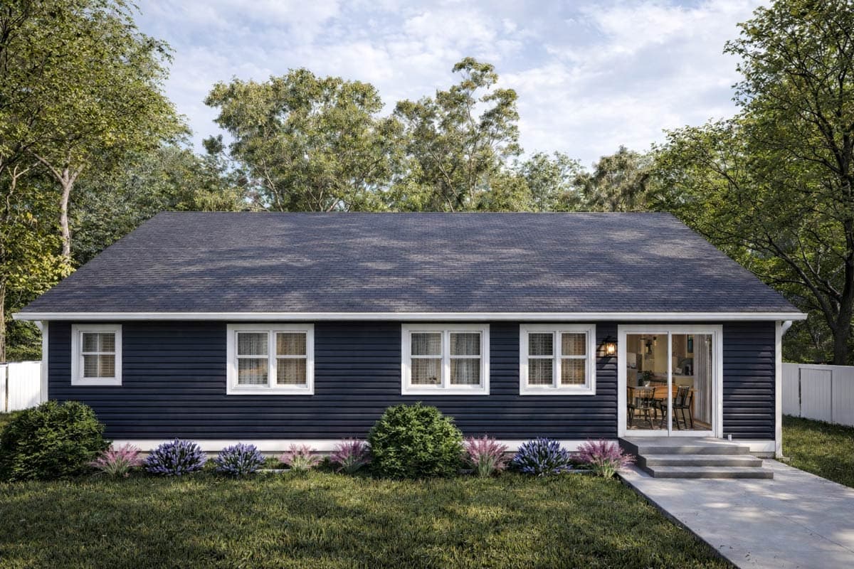 House plan exterior: one-story ranch with dark siding, asphalt roof, five windows, and sliding glass door.