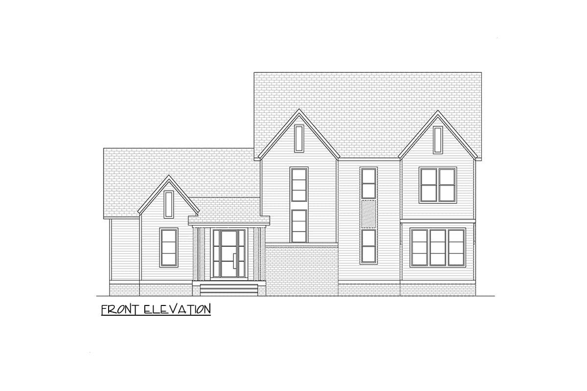 Front elevation drawing of a two-story house plan with a covered porch, gables, and varied window arrangements.