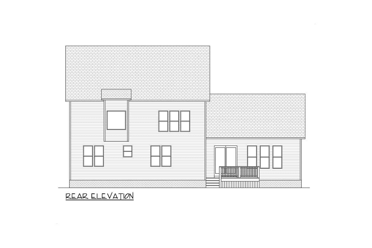 Rear elevation drawing of a two-story house plan showing multiple windows, a small dormer, and a deck with stairs.