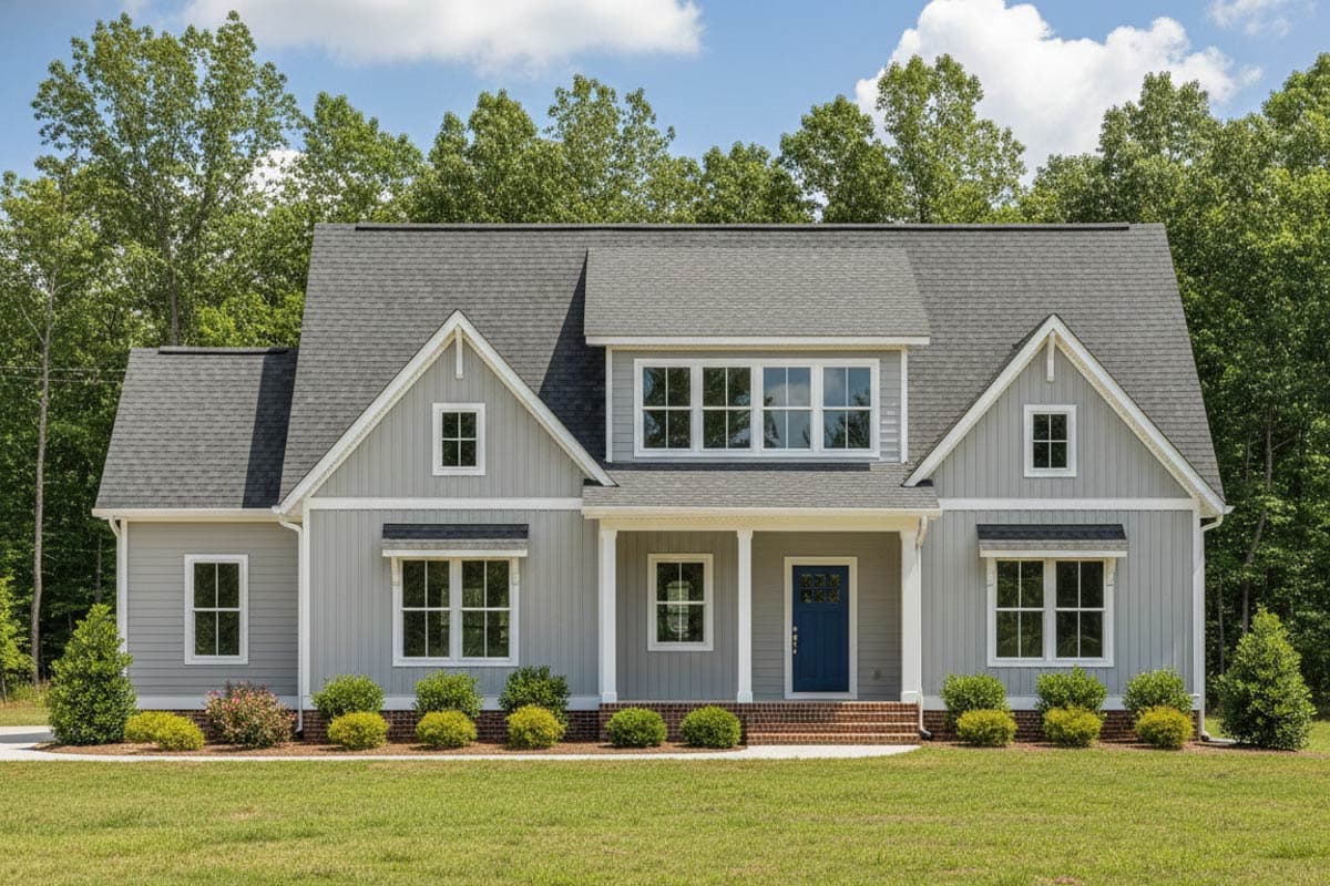 A two-story, light gray house with a blue front door, white trim, and a dark gray roof. Manicured lawn and small bushes complete the exterior.
