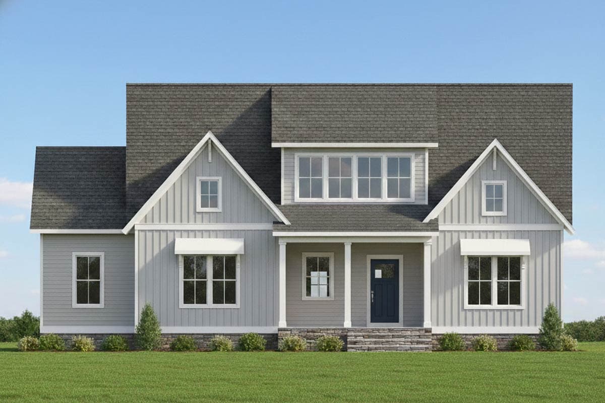 Modern Farmhouse style house plan exterior with gables, dormers, covered porch, and mixed siding.