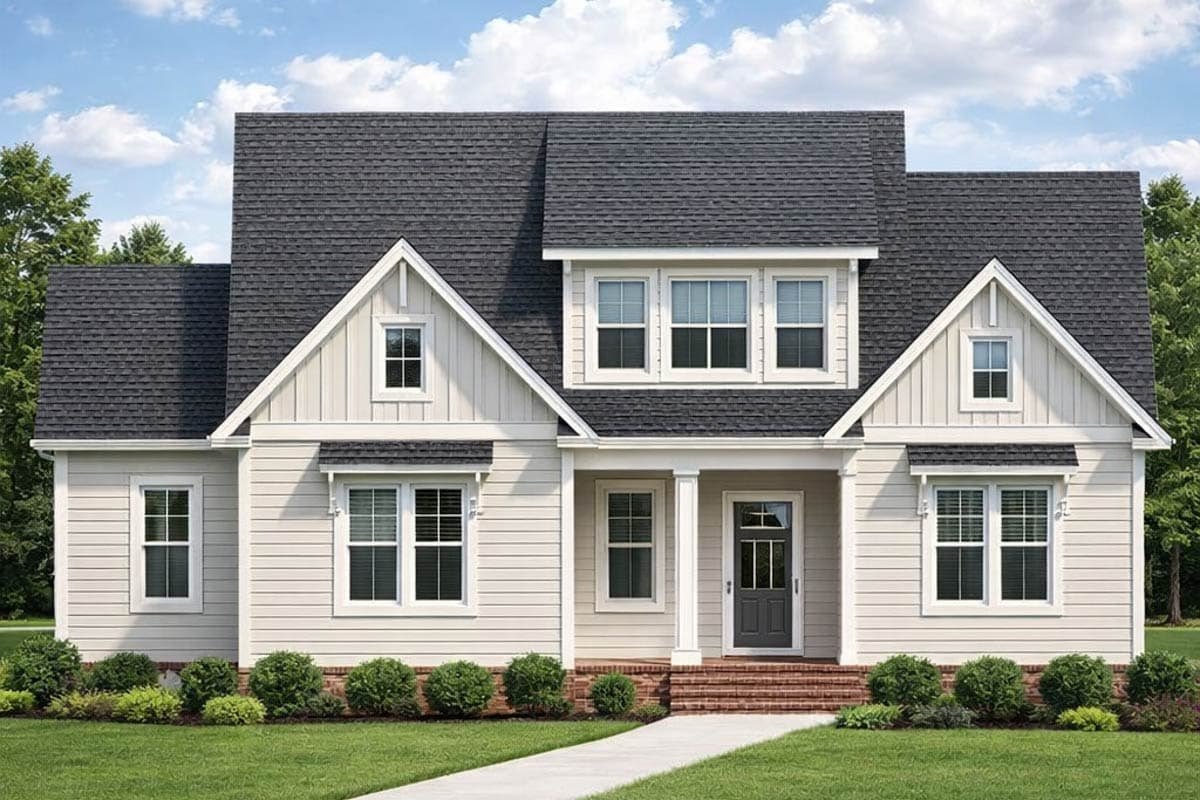 Modern Farmhouse house plan exterior with a covered front porch, multiple gables, and vertical and horizontal siding.