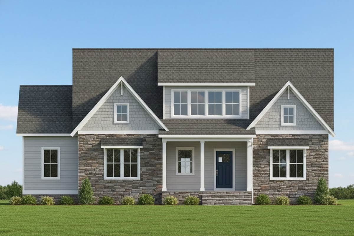 House plan exterior: Two-story home with stone and shingle siding, gables, and a covered front porch.