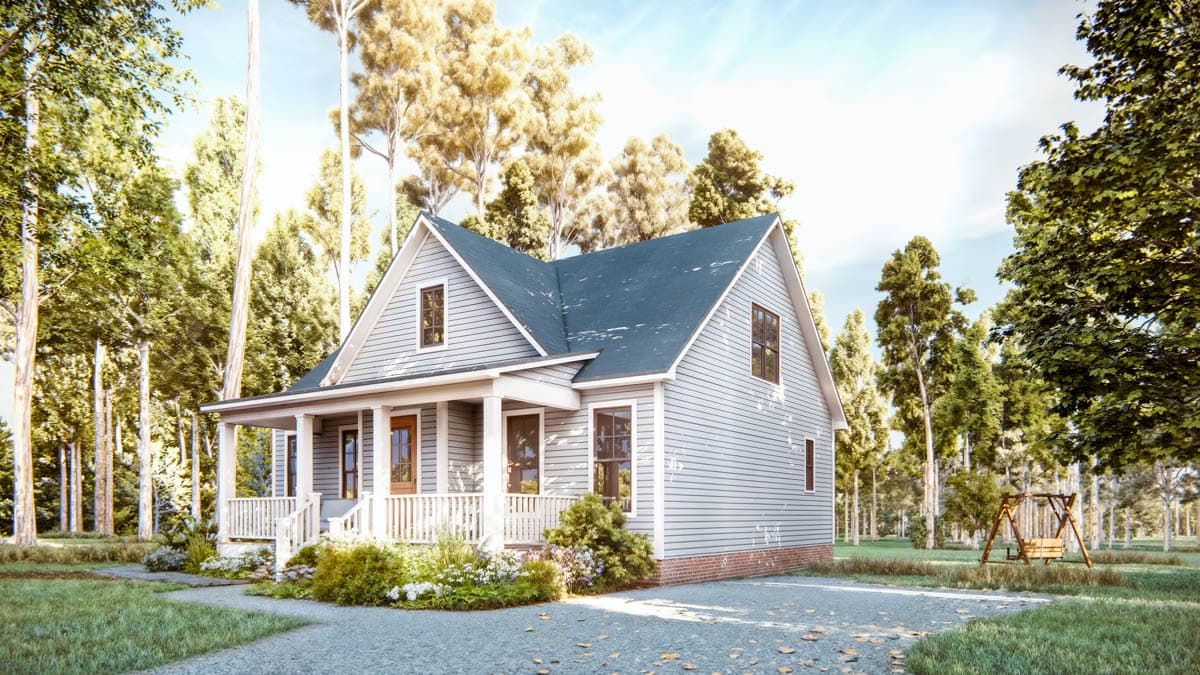 House plan exterior: Traditional style, two-story home with a covered front porch, gabled roof, and horizontal siding.