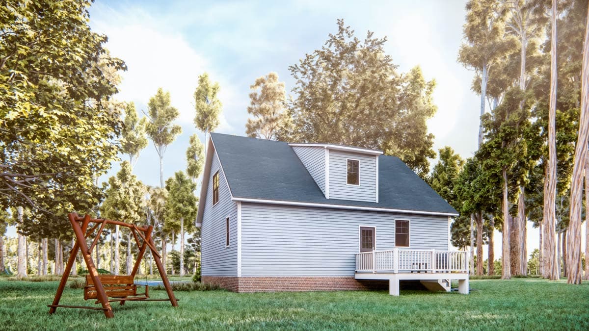 House plan exterior: Two-story home with hip roof, dormer, and a wraparound deck.