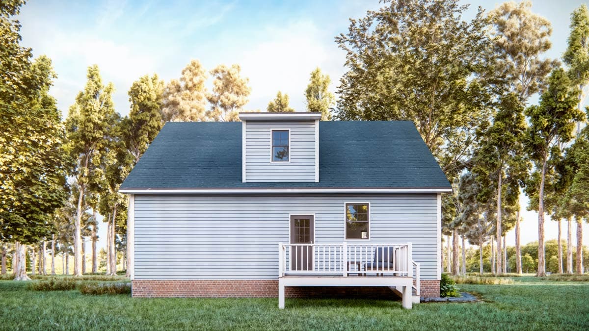 House plan exterior, two-story home with vinyl siding, dormer, deck, and gabled roof.