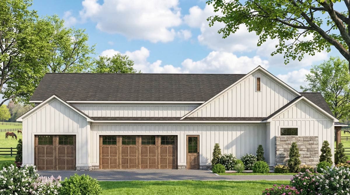 House plan exterior, Modern Farmhouse style, two garage doors, entry door, gable roof, and stone accents.