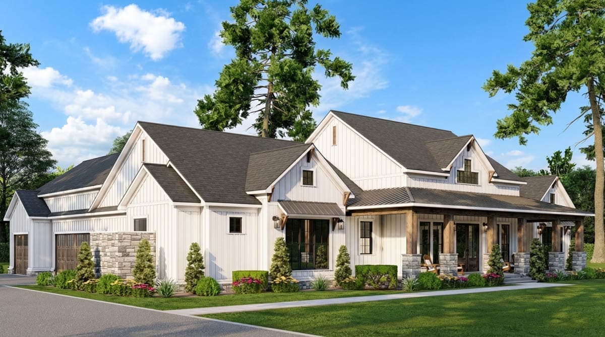 Modern Farmhouse house plan exterior with a wraparound porch, board and batten siding, stone accents, and gabled dormers.