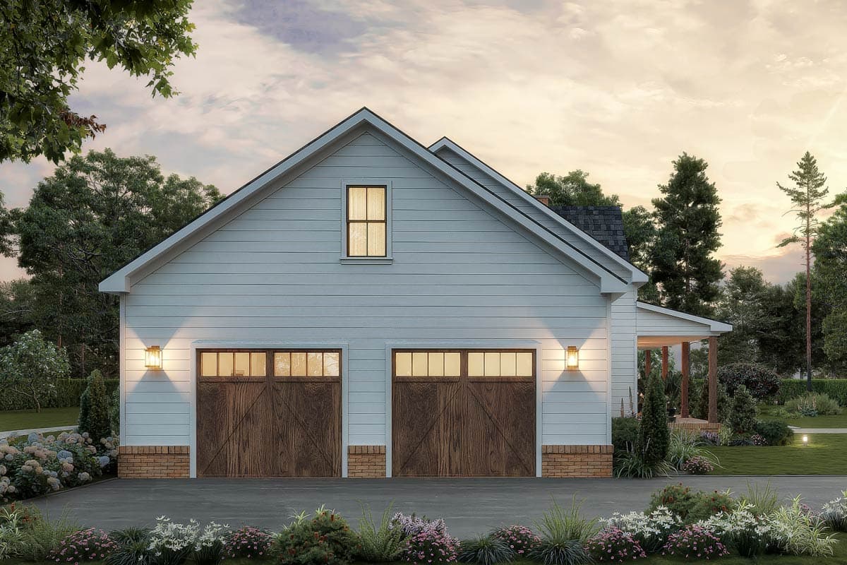 House plan exterior showing a two-car garage with wood doors, gable roof, and a dormer window.