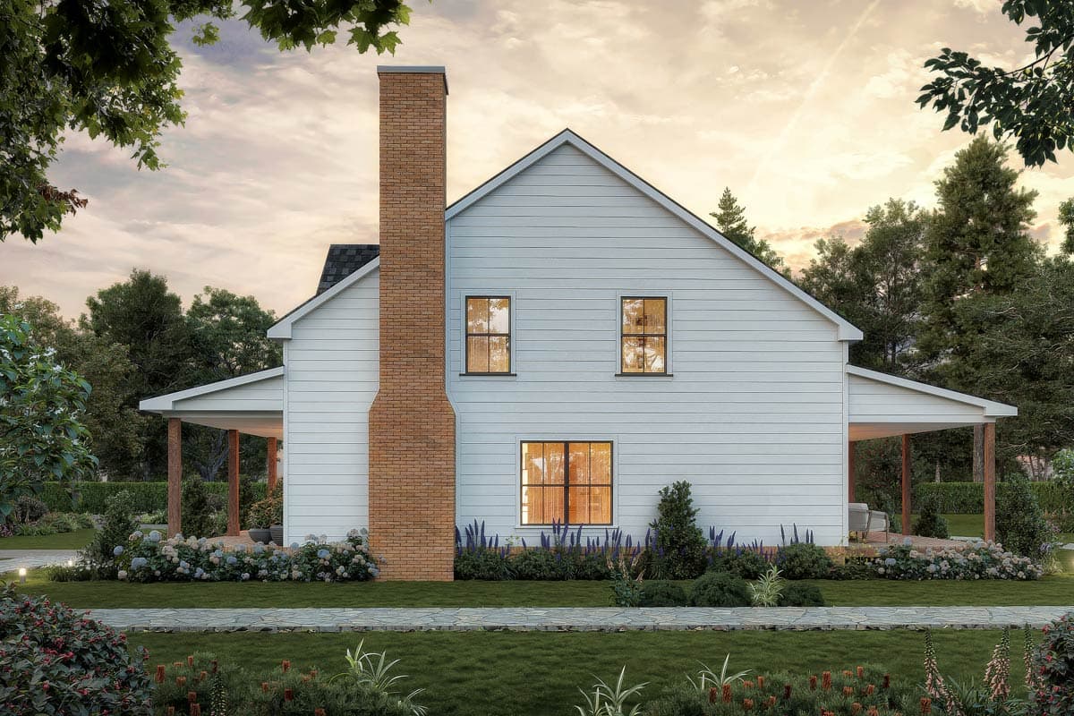 House plan exterior: Two-story Modern Farmhouse with brick chimney, gabled roof, and covered porches.