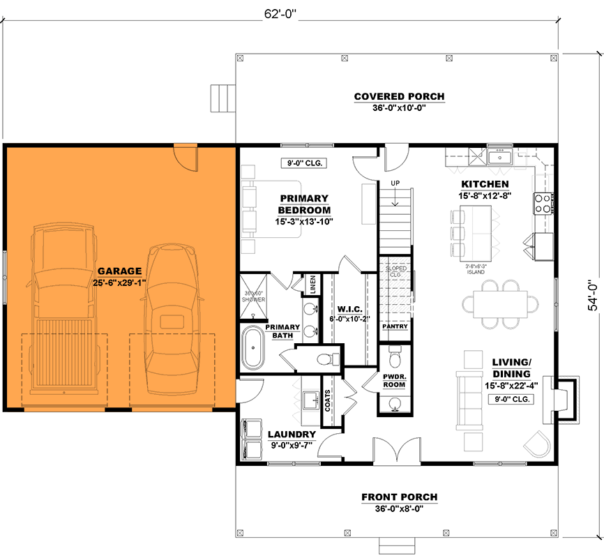Plan 810056RBT: Charming Farmhouse Plan with 3-4 Beds, Split Layout and Covered Porch - Floor Plan - Main Level - 2 Car Front Garage  ($ Paid Option) - Farmhouse, Modern Farmhouse
