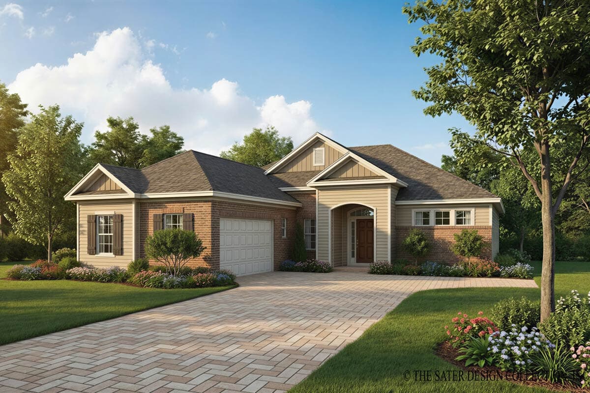 A craftsman-style house with a brick and tan exterior is framed by lush greenery. A paved driveway leads to the garage and front entrance.