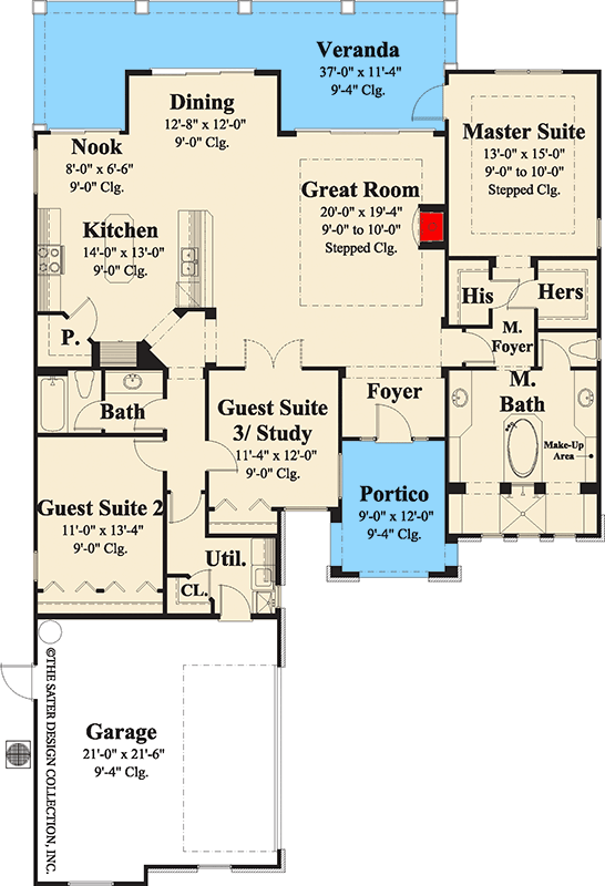Plan 340139STR: Charming Southern Ranch House Plan with 3 Bedrooms and Covered Veranda - Floor Plan - Main Level - Ranch, Southern, Traditional