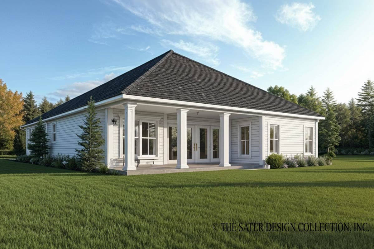 House plan exterior: One-story home with a hip roof, covered porch supported by columns, and double doors.