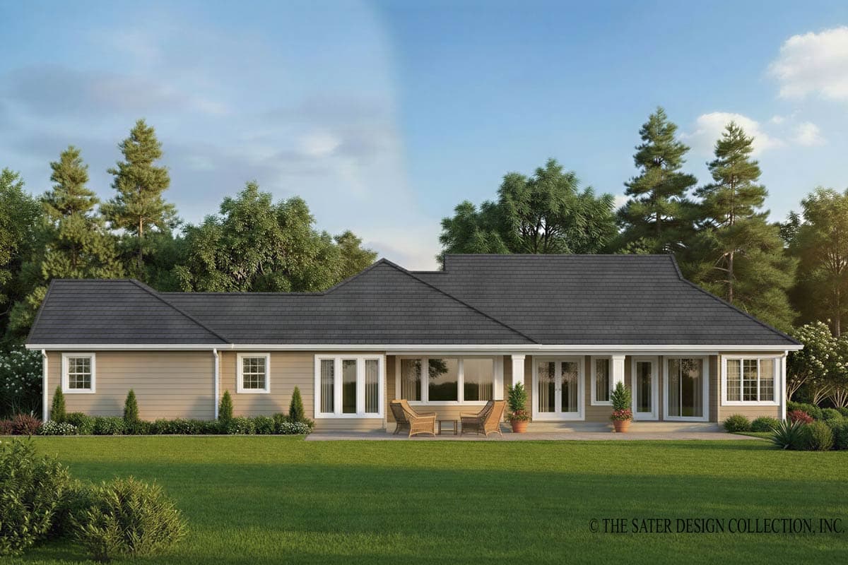 House plan exterior: Ranch style, single-story with a dark asphalt shingle roof, horizontal siding, and numerous windows.
