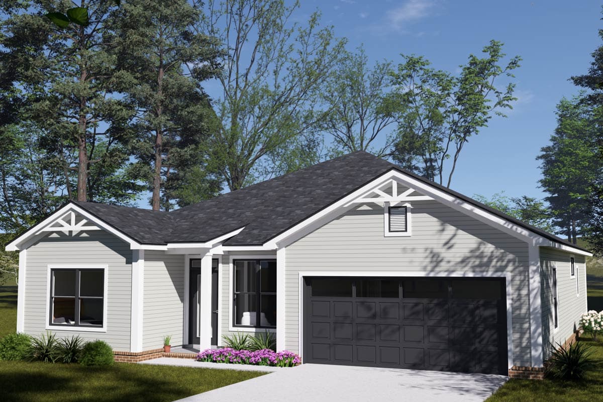 House plan exterior: one-story, Modern Farmhouse style, with gabled roof, decorative gable brackets, and attached garage.