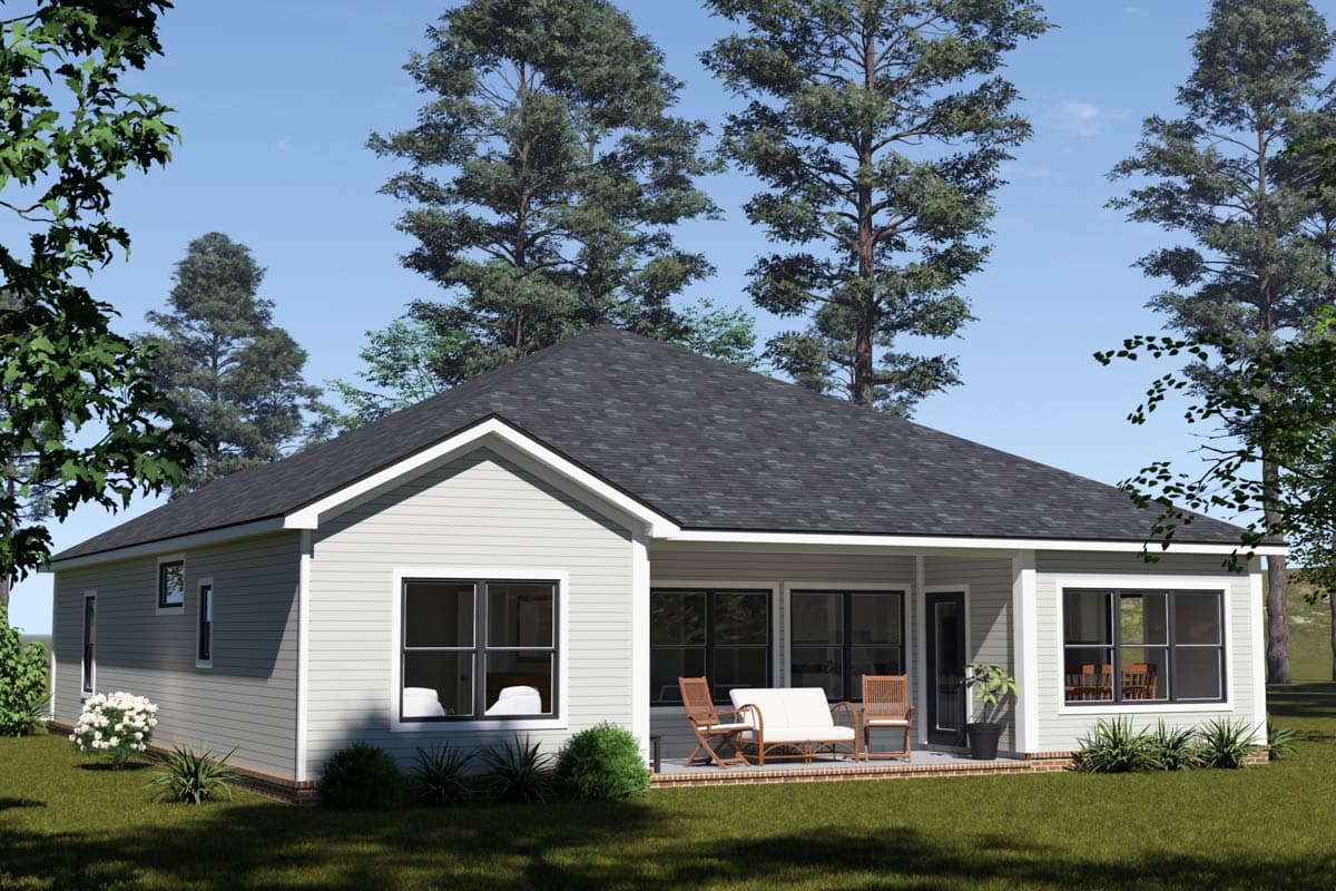 House plan exterior: one-story home with a gabled roof, horizontal siding, and a covered rear patio with seating.