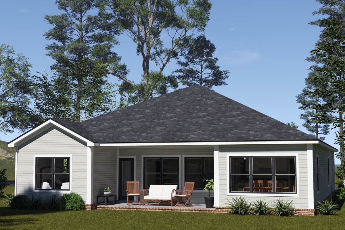 House plan exterior view of a one-story home with a prominent gable, covered patio, and multiple windows.